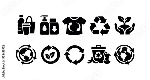 Collection of environmental and recycling icons representing sustainability and eco-friendly practices