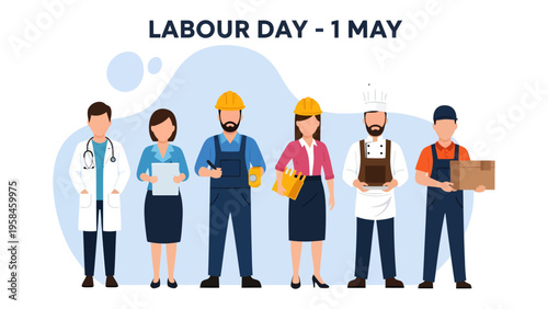 Labor Day Celebration: A diverse group of essential workers stand united, symbolizing dedication and hard work.
