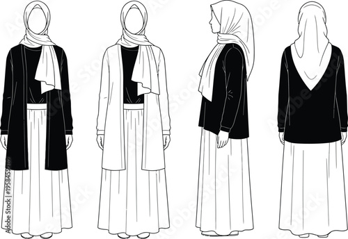 Four sketches of a woman wearing different headscarves and outfits