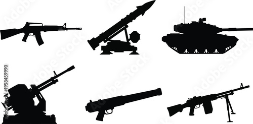 Collection of military weapons and vehicles in silhouette