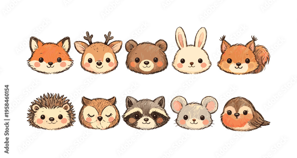 Obraz premium Cute watercolor forest animal faces collection for children's designs