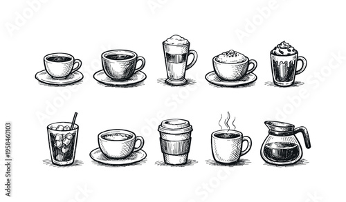 Collection of hand-drawn coffee drinks and brewing equipment in sketch style