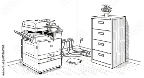 Office Equipment Illustration - Copier, Filing Cabinet, and Desk Plant.