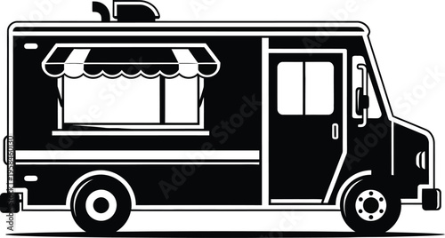 Food truck illustration side view black and white