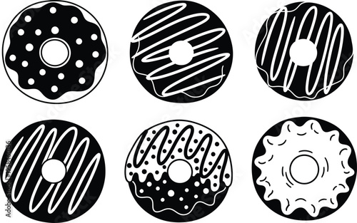 A set of six donuts with various toppings and glazes