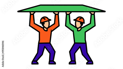 Construction Crew Lifting: An illustration of construction workers, each wearing safety attire, working in unison to lift and position a construction element, embodying teamwork and physical effort.
