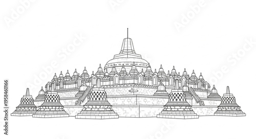 Detailed Line Art Depiction of the Borobudur Temple in Indonesia.