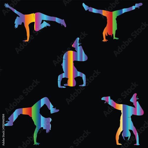  Female dancer silhouettes in dynamic acrobatic and breakdance motion with Neon gradient.