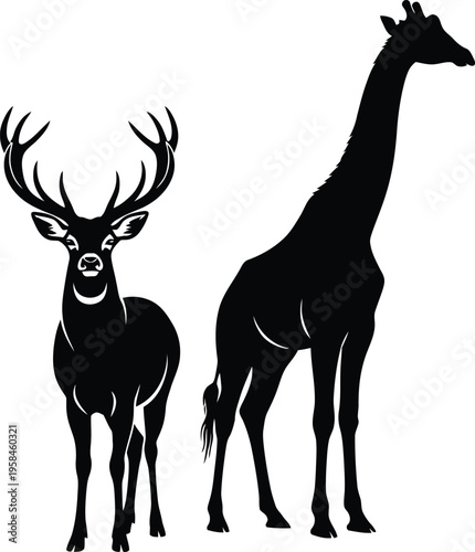 Silhouette of a deer and a giraffe standing side by side in black against a white background