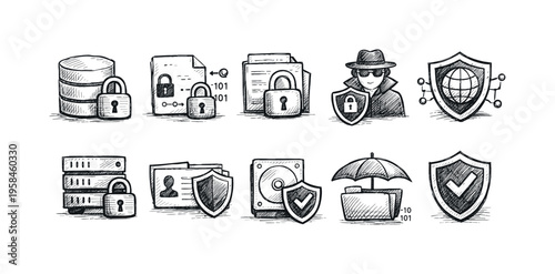 Collection of hand-drawn icons representing various aspects of digital security and data protection