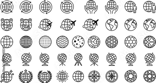 Global Communication and World Globe Line Icon Set with Earth Maps, International Network, Travel Planet Symbols, Geography Grid, Location and Worldwide Connection Outline Collection