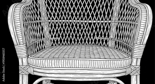 Vintage Wicker Chair with Intricate Weave and Cushioned Seat.