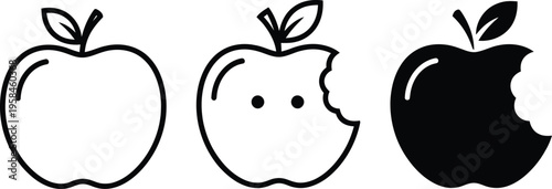 Three stylized apples with varying levels of completion