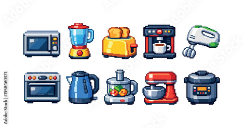 Pixel art collection of kitchen appliances for cooking and baking tasks