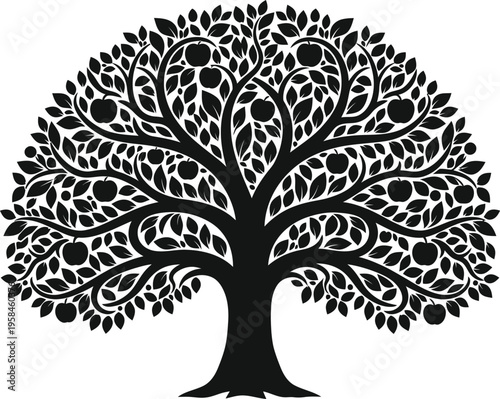 A black silhouette of a tree with intricate branches and leaves on a white background