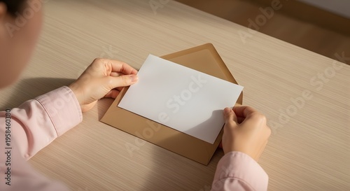 Thoughtful Connection: Young Hands Preparing a Blank Note, Expressing Sentiment and Anticipation for a Personal Correspondence.