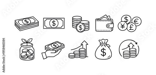 Collection of simple line art icons representing various financial concepts and money