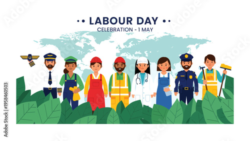 Celebrating Labor Day: A diverse group of essential workers stand united, symbolizing dedication and service on a day of recognition and appreciation. 