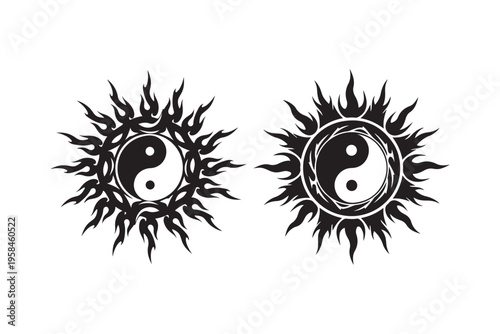 Yin Yang Sun Symbols with Tribal Flame Rays Black Vector Silhouette Set