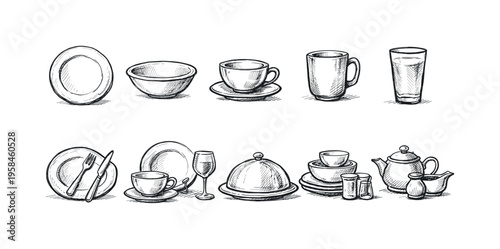 Hand-drawn collection of various tableware items and serving dishes