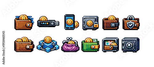 Pixel art collection of various digital currency storage and security icons