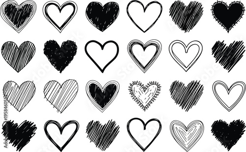 Collection of 20 unique black and white heart shapes with various textures and patterns