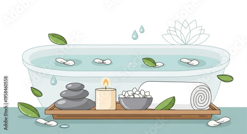 Serene Spa Retreat - Bathtub with Stones, Candle, and Towel.