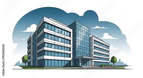 Modern Office Building Illustration with Blue Glass Windows and Clean Design.