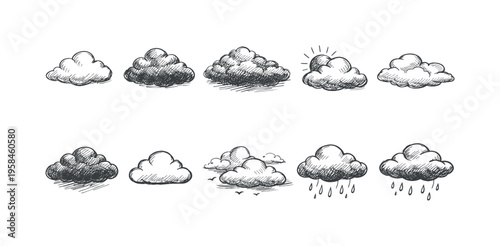 Collection of hand-drawn cloud illustrations depicting various weather conditions