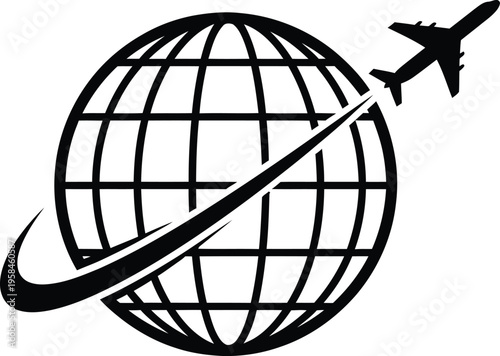 Black and white logo of a globe with a swoosh and airplane