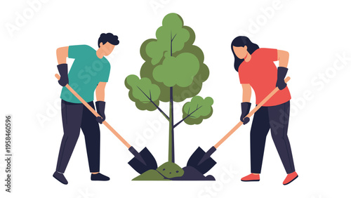 Community planting Tree: A couple diligently planting a young tree, symbolizing growth, environmentalism, and a shared dedication to nurturing the planet