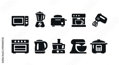 Collection of modern kitchen appliance icons for cooking and baking needs