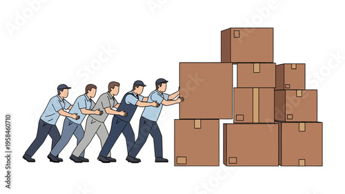 Teamwork in Action: A determined team of movers collaborate to transport and stack cardboard boxes, emphasizing coordination and effort. 