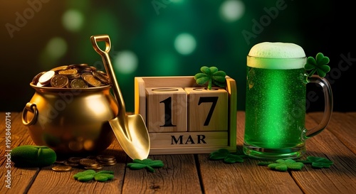 Festive St. Patrick's Day Arrangement with Golden Coins, Clover and a Pint of Emerald Liquid on Wooden Surface
