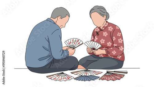 Serene Art of the Folding Fan: An elderly couple shares a quiet moment, engrossed in the delicate art of folding fans, each stroke a testament to the artistry.