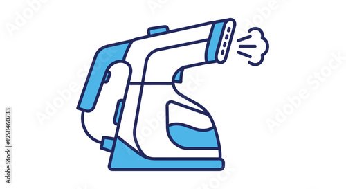 A modern steam iron is shown in action on a flat surface with steam coming out.