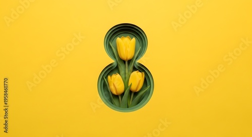 Blooming Numerals: A Vibrant Yellow Tulip Arrangement Shaped as the Number Eight, Celebrating Growth and Positive Energy