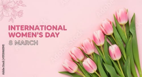 Celebratory Floral Arrangement for Global Female Empowerment Day – Delicate Pink Tulips with Festive Text on Pastel Background