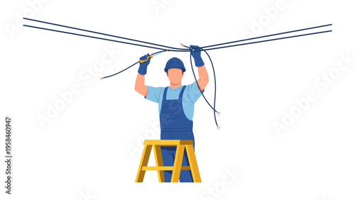 Connecting the Wires: An electrician on a stepladder carefully works on overhead cables, demonstrating his expertise and dedication. 
