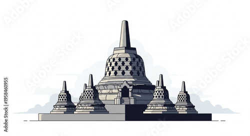 Monochrome Borobudur Temple Illustration - A Detailed Architectural Study.