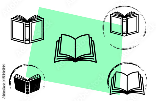 Open book icons and linear book symbols set for education logo design, library branding, and publishing house identity isolated on white and green background