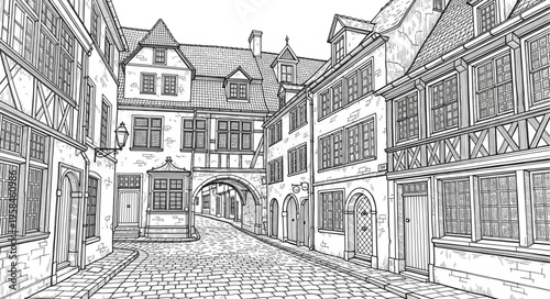 Detailed line art of a European street scene with historic buildings.