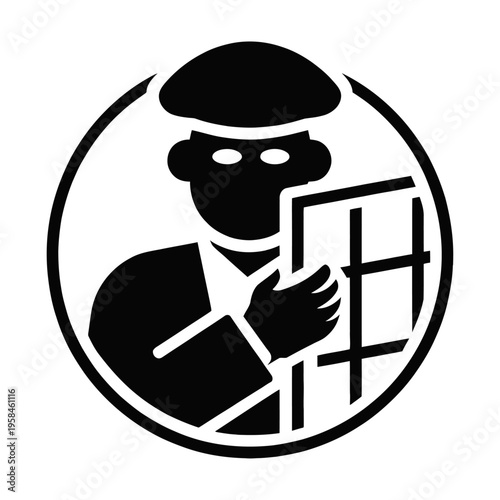 Circular vector icon showing a masked figure holding a window for theft