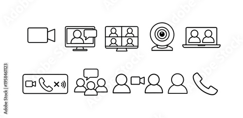 Collection of line icons representing video conferencing and communication tools