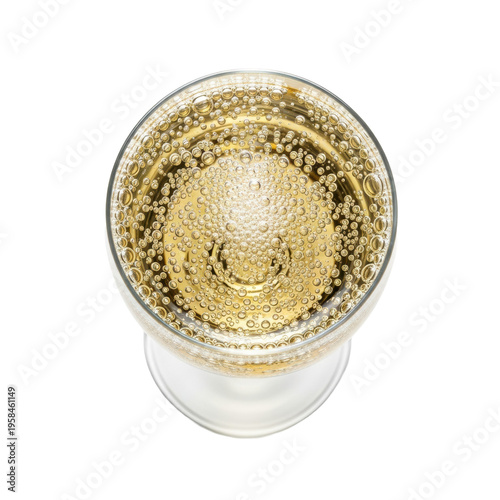 Crystal champagne flute with pale golden sparkling wine and bubbles, top view isolated on a white background. Concept for luxury beverage advertising
