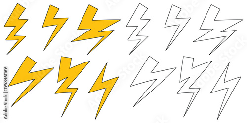 Hand-drawn cartoon and doodle set of lightning bolts on a white background.
