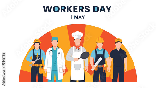 Workers' Day Celebration: A vibrant graphic commemorating Workers' Day, showcasing diverse professions in a symbolic tribute to labor and dedication. 