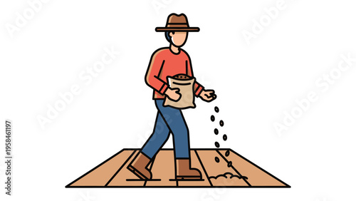 Cultivating New Beginnings: A farmer strides purposefully across the land, sowing seeds of hope for the future.