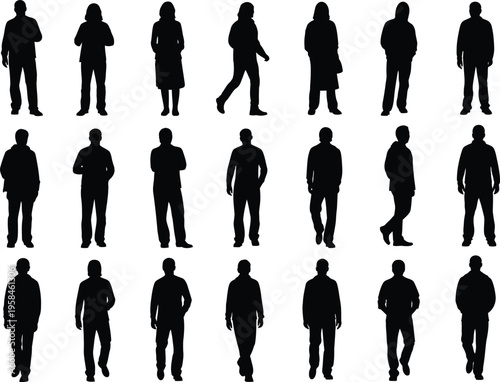 Collection of 20 diverse human silhouettes in various poses and attire