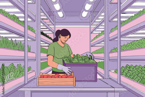 Woman tending to leafy greens within a modern indoor vertical farm